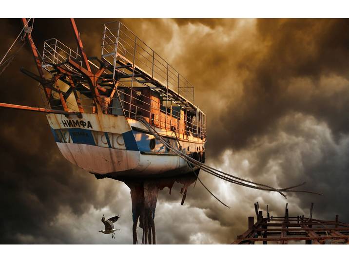 Fototapete PAPERMOON Photo-Art RAYMOND HOFFMANN, BOOT IN DEN WOLKEN , bunt, B:4,5m L:2,8m, Vlies, Tapeten, Fototapete