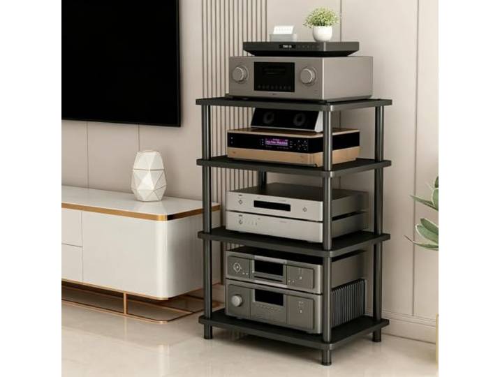 LEUBDIBR Massivholz‑Audio‑Regal mit verstellbaren Ablagen für Hi‑Fi‑Geräte Robuster Massivholzkern, variable Ebenenhöhen, zwei edle Oberflächen(Gray,23.6x15.7x32.3in)