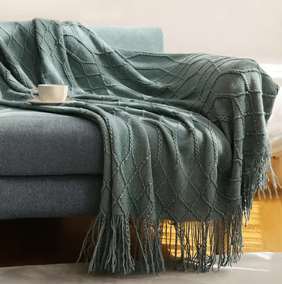 Inspire Curations Cream White Textured Knitted Throw Blanket With Tassels cl Lake Green 127x172cm