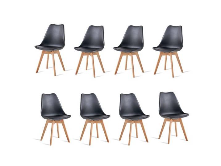 Lot de 8 chaises de salle à manger - Chaise scandinave - Pieds de chaise en bois - Chaise ergonomique - Noir