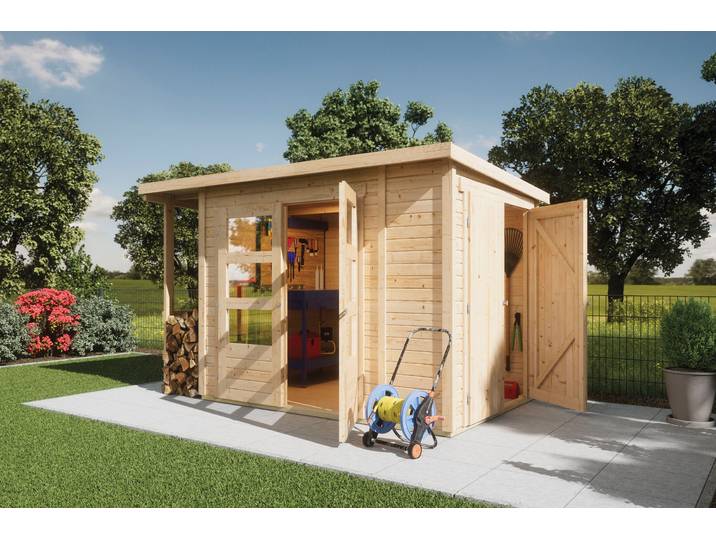 Gartenhaus KARIBU Multifunktionshaus 1 Pultdach , beige (naturbelassen), Holzwerkstoff, Gartenhäuser, Gartenhaus, naturbelassen oder terragrau, Made in Germany