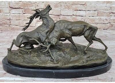 Bronzhaus Two Elk Fighting Bronze Sculpture Animal Wildlife Marble Base Figurine Figure