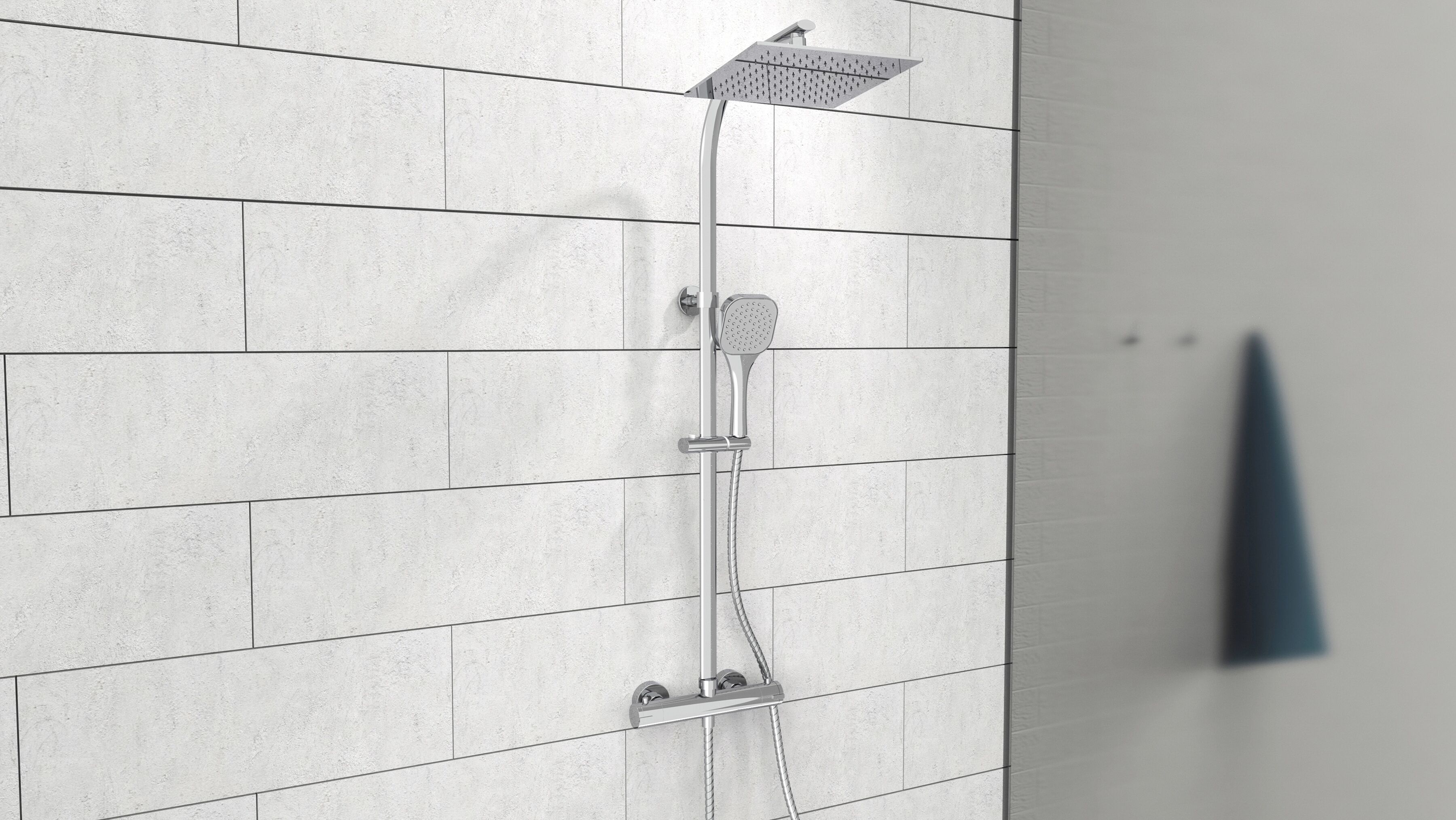 Duschsystem WELLTIME "Turin", grau (chromfarben), H:95cm T:48,5cm, Brausegarnituren, Duschsystem, eckiges Überkopfbrauseset mit Thermostat, Kopfbrause mit Regendusche chromfarben Einheitsgröße