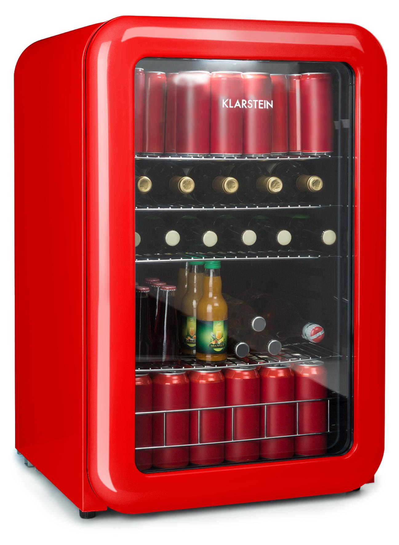 Klarstein PopLife Getränkekühler - Mini-Bar, Retrokühlschrank, 0-10°C, nur 39 dB, 115 L, energiesparend, doppelt verglaste Tür, Retro-Design, rot