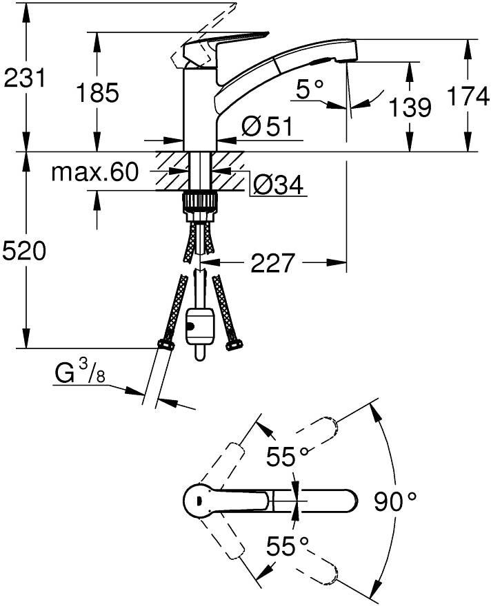 Küchenarmatur GROHE "Start 1/2″, Chrom, herausziehbar", grau (chromfarben), Messing, Armaturen, Küchenarmatur chromfarben Einheitsgröße