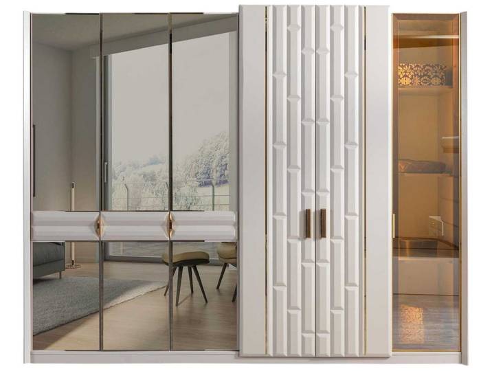 JVmoebel Kleiderschrank Kleiderschrank Modern Weiß mit Goldeinsätzen & Beleuchtung