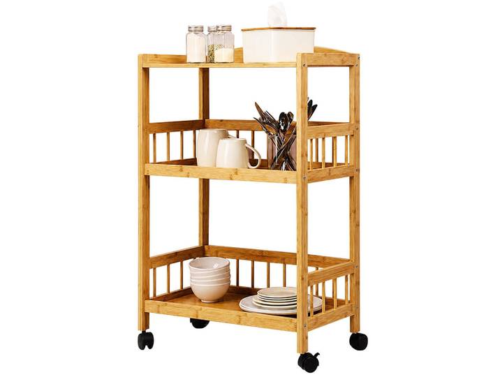 Relaxdays Servierwagen Natur Bambus mit Rollen, Hellbraun, Holz, Kunststoff, 53x80x30 cm, Esszimmer, Servierwagen