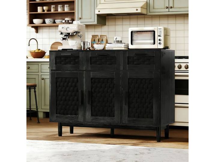 Buffet de salon en rotin - Armoire de cuisine avec 3 portes et 3 tiroirs - Armoire de buffet avec plan de travail - Buffet - Noir
