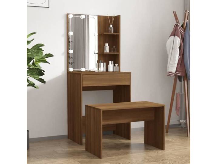 Ensemble de coiffeuse - KEENSO - Chêne marron - Bois d'ingénierie - Miroir avec LED - Rangement inclus