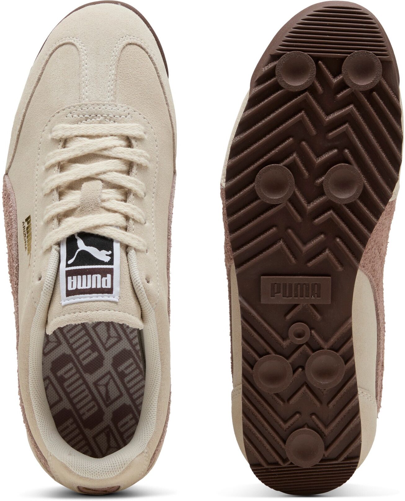 Sneaker PUMA "ARIZONA SD", Damen, Gr. 40,5, Textil, beige (alpine snow, sandstone, chocolate braun), Leder, mehrfarbig, Schuhe Sneaker, für sportliche und Streetwear Anlässe, mit Leder-Obermaterial alpine snow, sandstone, chocolate braun 40,5, Textil