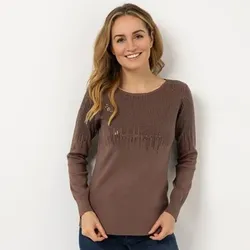 VIA MILANO Pullover, 1/1-Arm Rundhalsausschnitt Paillietten-Details figurbetont