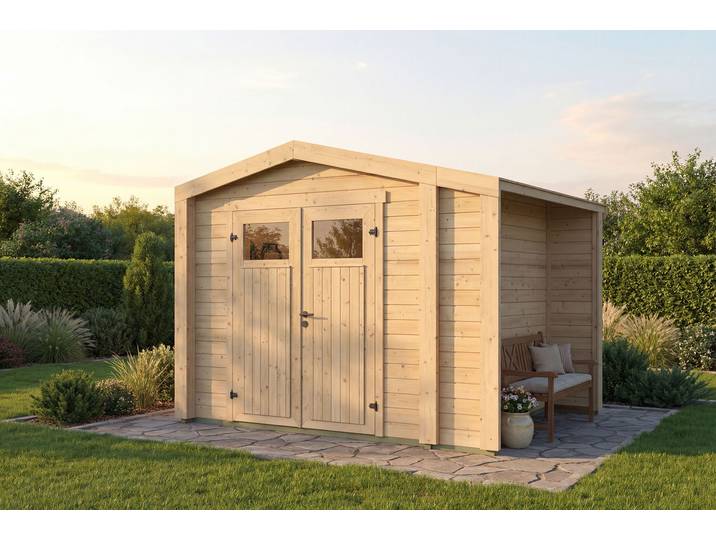 Gartenhaus WEKA Killarney , beige (naturbelassen), ohne Fußboden, ohne Dacheindeckung, Massivholz, Gartenhäuser, Gartenhaus, Doppeltür, 1/4 verglast