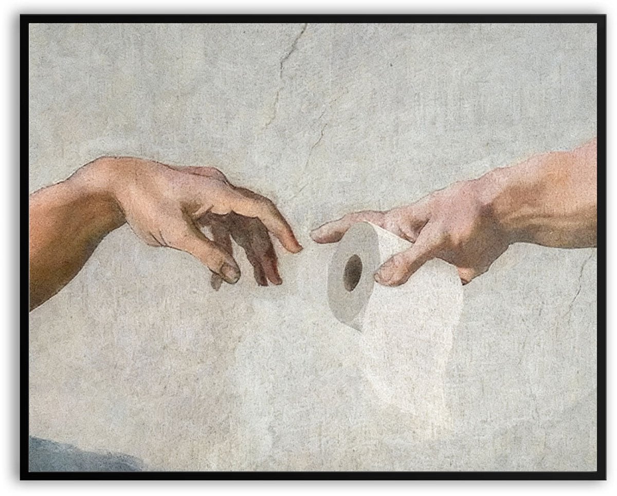 Grappige WC Kunst Fotolijst Michelangelo Beroemde Handen & WC-Rol - 30 x 40 cm