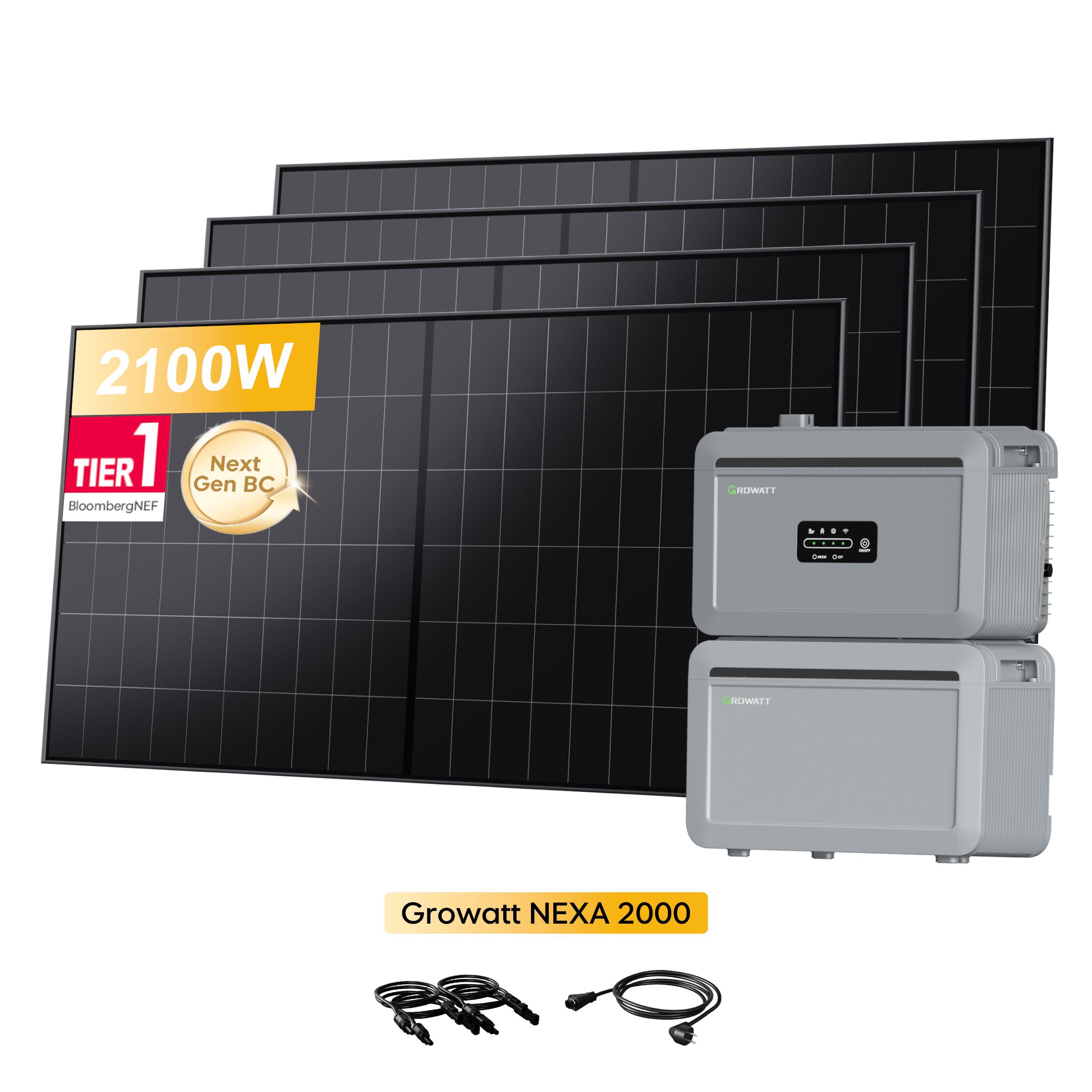 Powerness Balkonkraftwerk mit Speicher, Growatt NEXA 2000 Speicher 2048Wh und NEXA 2000E Erweiterungsakku & 4x Sunpro BC Bifaziale Full Black Solarmod