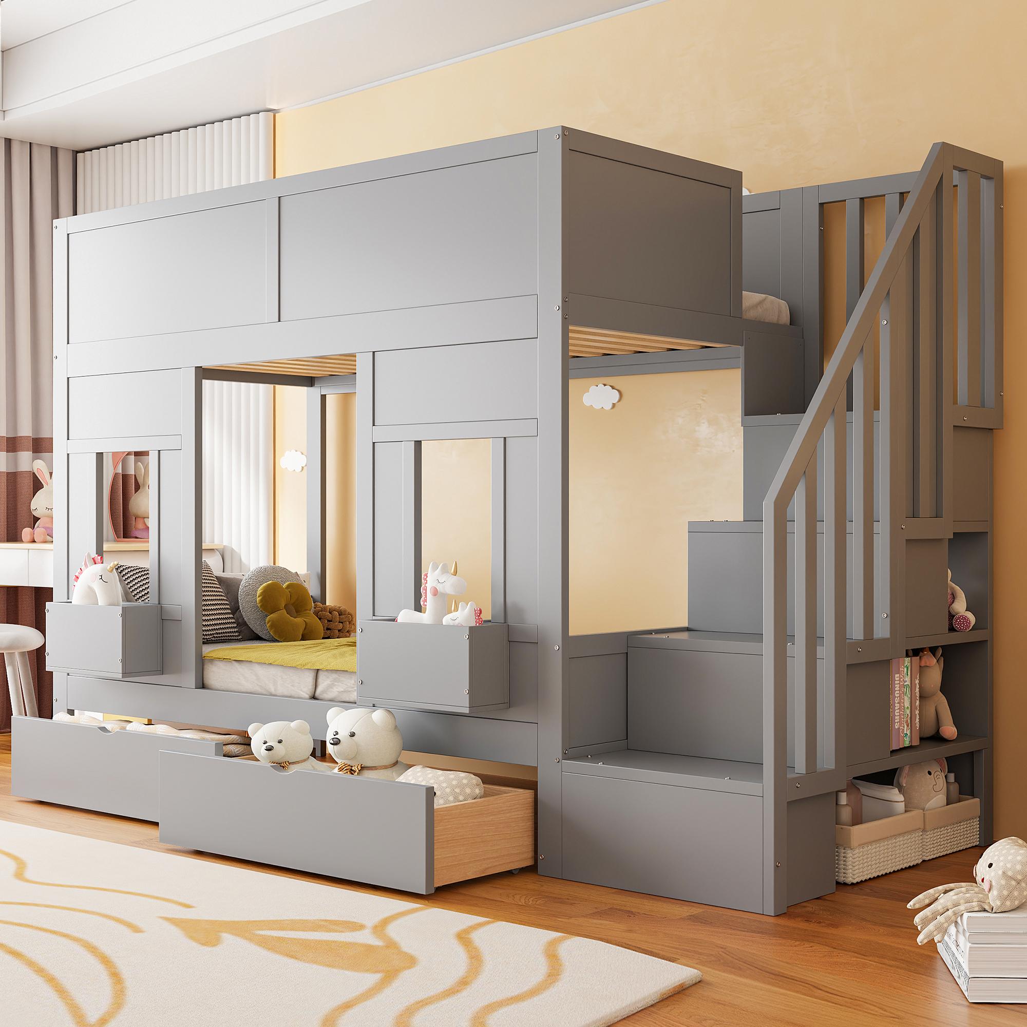 Merax Etagenbett 90x200cm mit Holzgestell, Hochbett mit Stauraumtreppe und 2 Schubladen, Kinderbett mit Fensterdesign, Sicherheitsgeländer, Grau