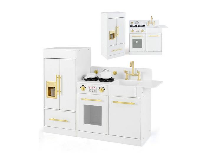 KOMFOTTEU Spielküche, Holzküche Kinderküche mit Kühlschrank, Herd & Eismaschine