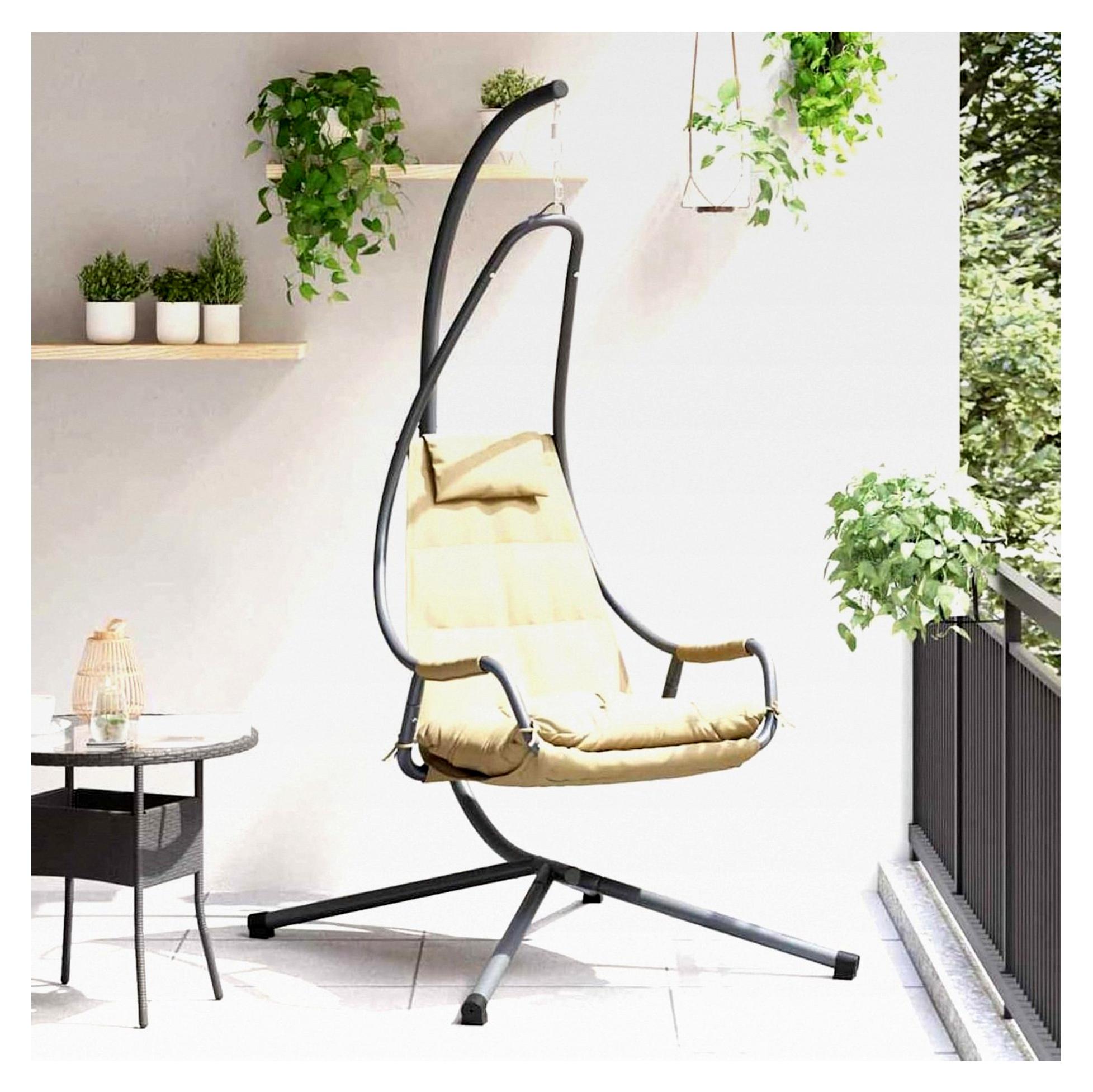 Hängestuhl mit Gestell und Kissen, ergonomisch, robust, modernes Design, Stahlrahmen, 95x105x195cm für Balkon und Garten