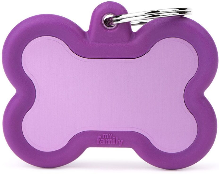 MyFamily Medaglietta per Cani Personalizzabile Hushtag Osso Alluminio Viola con gomma viola