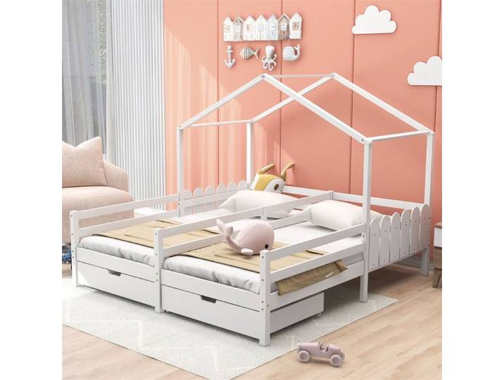DRIPEX Lit maison Lit double avec deux tiroirs Deux lit 200x90cm lit à barreaux avec sommier à lattes en pin Blanc