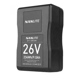 NANLITE V-Mount-Akku BT-V-26V230, Lithium-Ionen-Akku 26 V, 230 Wh, 9 Ah. Max. Belastbarkeit 15 A. Mit Ladezustandsanzeige, V-Mount-Anschluss, D-Tap-Buchse.