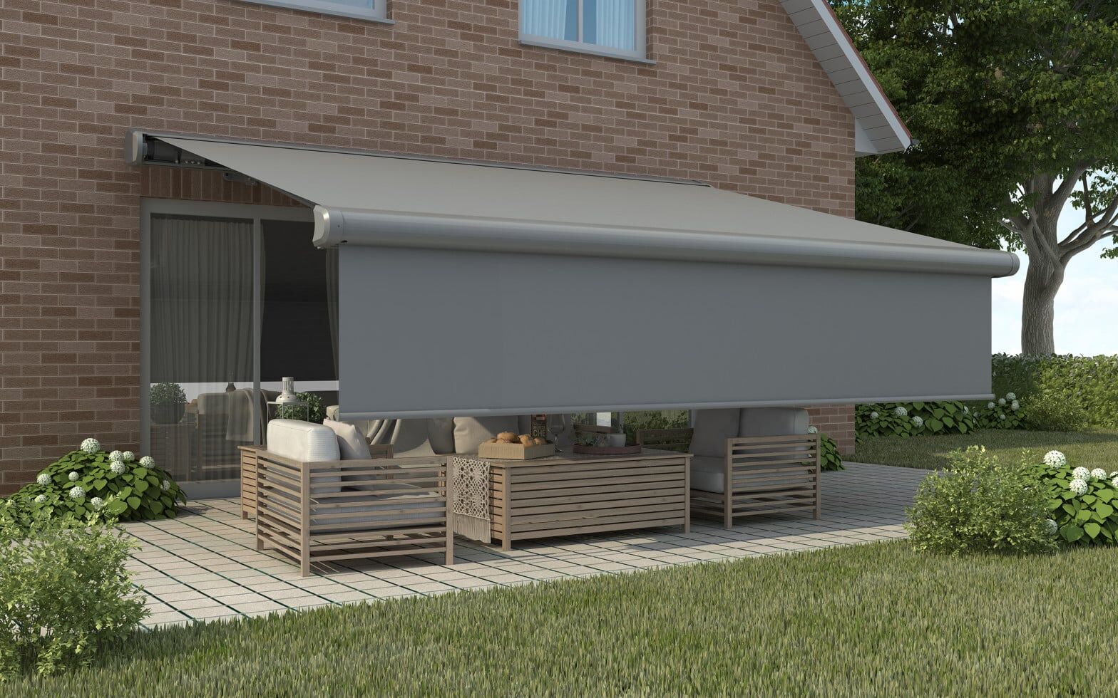 Primaster Kassetten-Markise 4 x 3 m elektrisch mit Volant grau