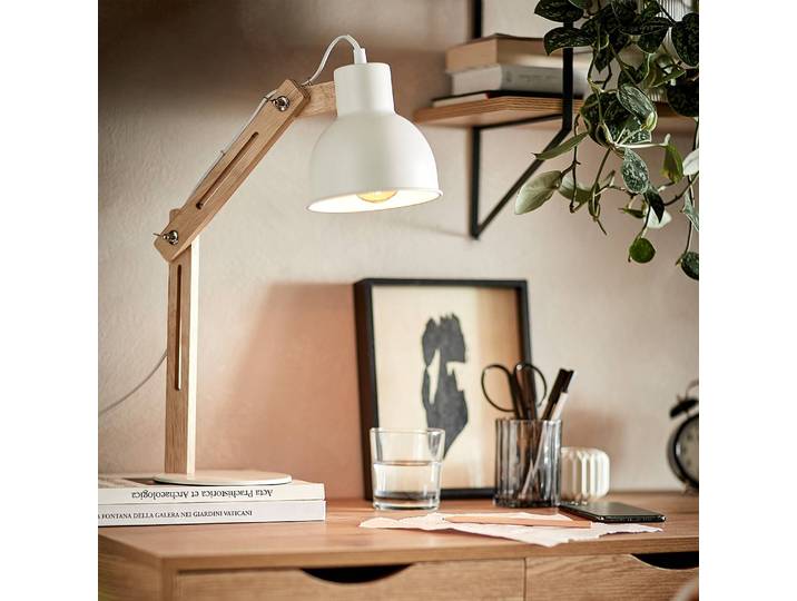 Schreibtischleuchte AGON 37 x 15 x 45cm Weiß/Weiß Metall, Kiefernholz LED/Energiesparlampe/Halogen/Glühlampe E27