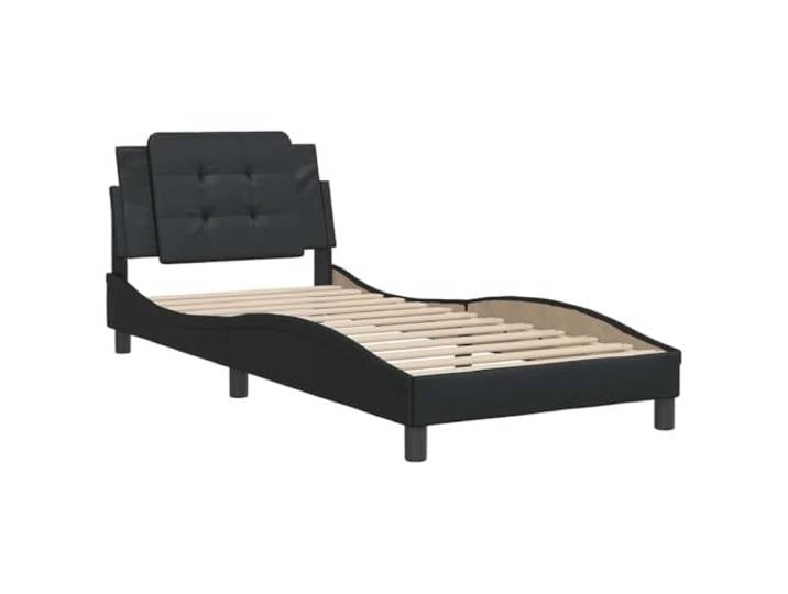 KTHLBRH Bettgestell Zadar Schwarz 90 x 190 cm Kunstleder mit Kopfteil Bettgestell mit gepolstertem Kopfteil, Lattenrost aus Sperrholz, einfache Montage, gewelltes Design