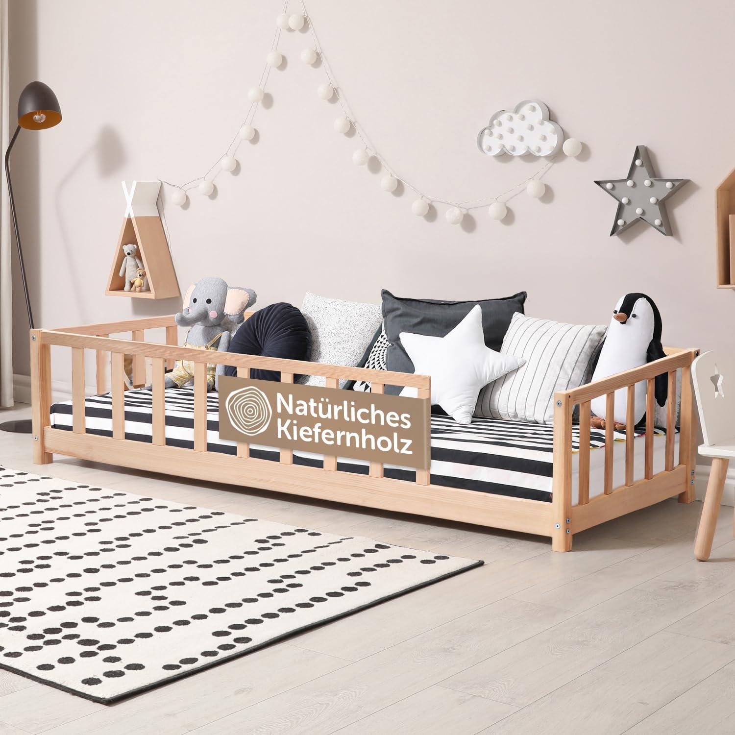 Bettgestell 140x200 mit Absturzsicherung, inklusive Lattenrost, für Jungen und Mädchen - auch als Kinderbett 90x200 erhältlich