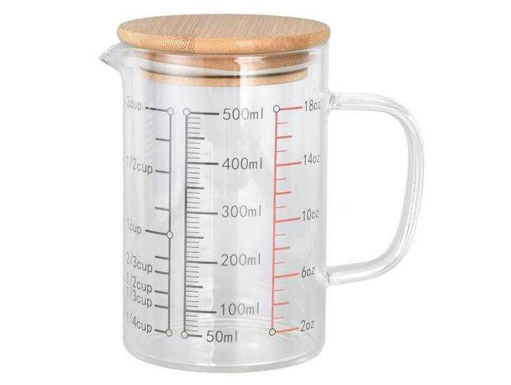 Messbecher Glas 500 ml mit Bambusdeckel, Transparent, Backen & Backzubehör, Messbecher