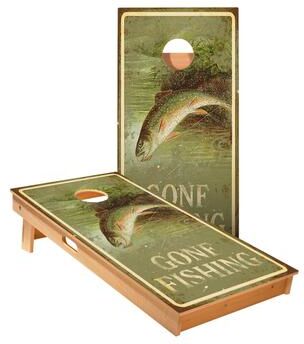 Skip's Garage Gone Fishin Sign Cornhole Boards
