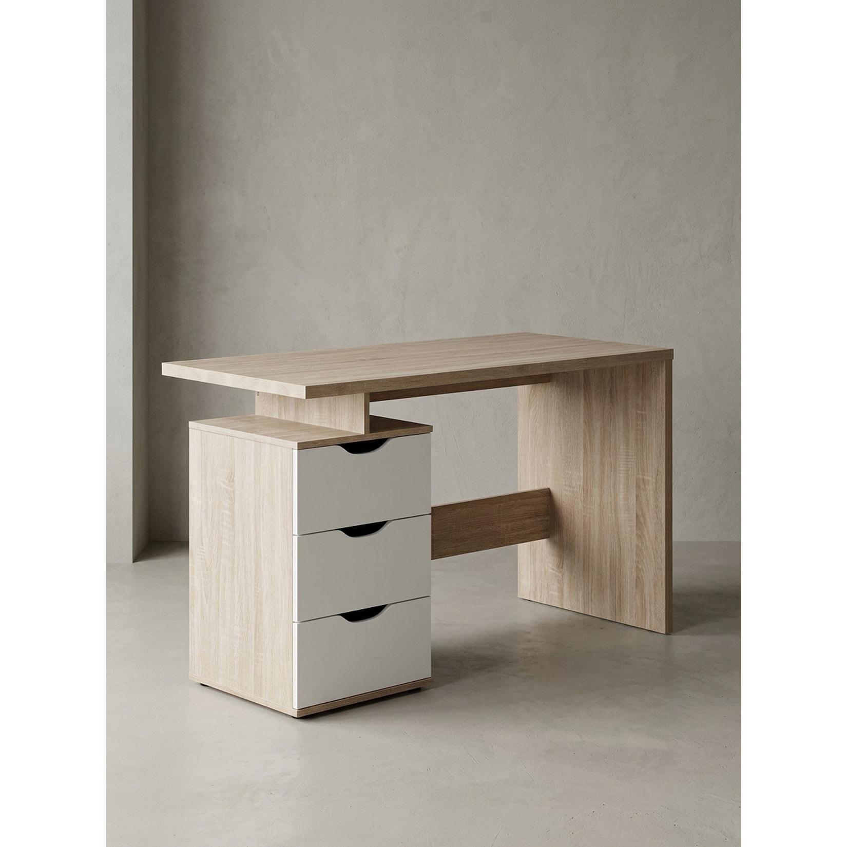 Schreibtisch – Sonoma Weiß, 120x76x53 cm, 3 Schubladen, kompakt, mit Ablage