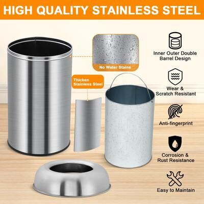 Garvee Outdoor Indoor Round Garbage Can with Removable Inner Wastebasket, Commercial Grade Stainless Steel Rubbish Bin