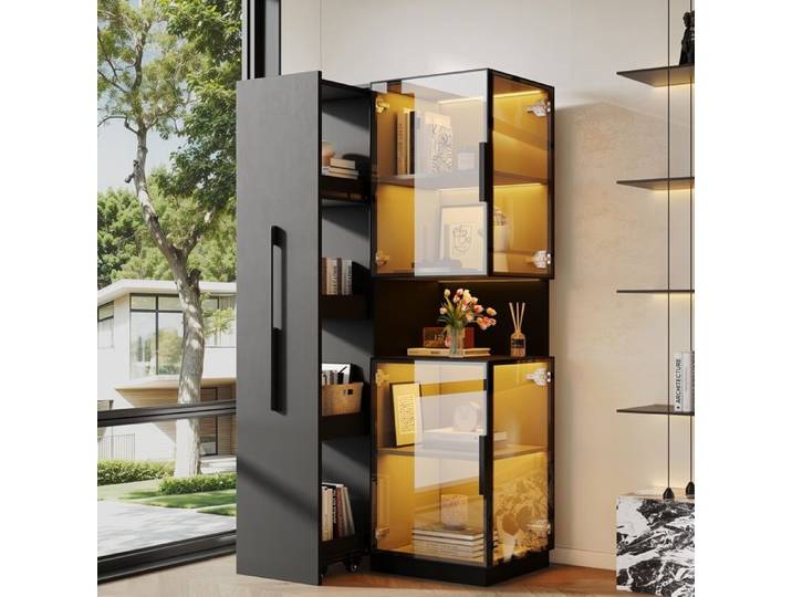Vitrine avec étagère Coulissante 70x38x160 cm Armoire multifonction avec porte en verre et éclairage LED Vitrine de Collection