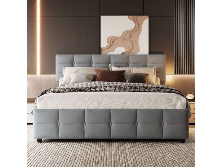 Lit Double Lit velours hollandais gris 180x200 - Sommier lattes hydraulique - Lit double design et fonctionnel(sans Matelas)