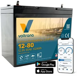 Voltrana Lithium Bootsbatterie 12,8V 80Ah 1024Wh mit Bluetooth LiFePO4