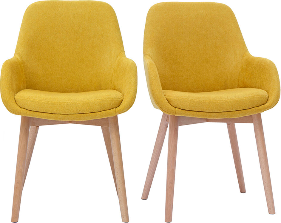 Miliboo Skandinavische Sessel aus Stoff in senfgelbem Samtoptik und massivem hellem Holz (Set von 2) HOLO