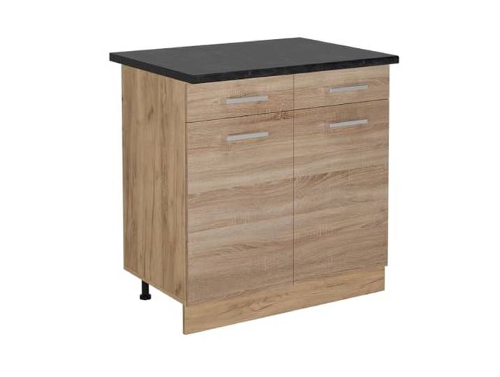 Vicco Küchenunterschrank R-Line, Sonoma, 80 cm 2 Schubladen · Arbeitsplatte Anthrazit · Höhenverst. Füße · 2 Türen · Leichter Zugriff