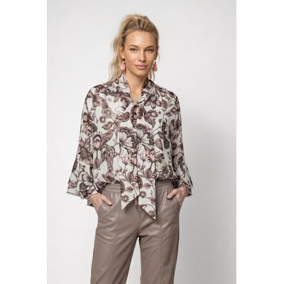 Klassische Bluse MONARI "Bluse Blume allover", Damen, Gr. 44, braun (braun gem), Web, Obermaterial: 100% Polyester, geblümt, regular fit taillenbedeckt, Rundhals, Trompetenärmel gerader Abschluss, Blusen Bluse, Regular fit mit Blumenmuster