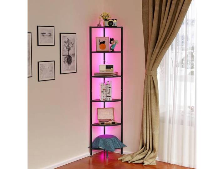 Bibliothèque d'angle avec LED Étagère de Rangement Angle à 6 Niveaux 172 cm Bibliothèque Coin Meuble d'angle Noir