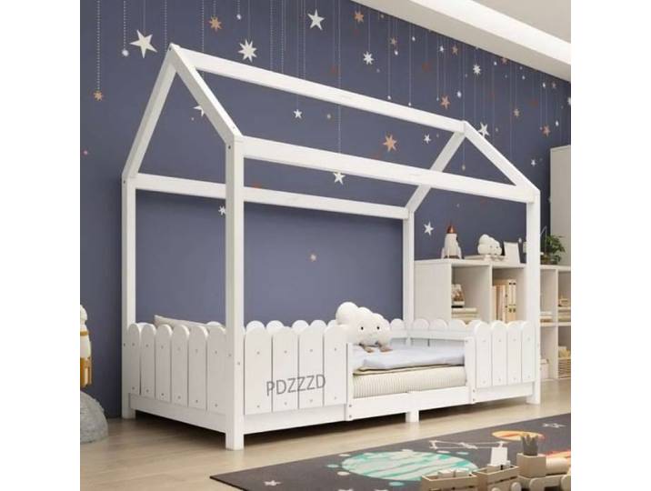 Lit cabane - PDZZZD - 90x200 cm - Bois massif - Blanc - Protection contre les chutes