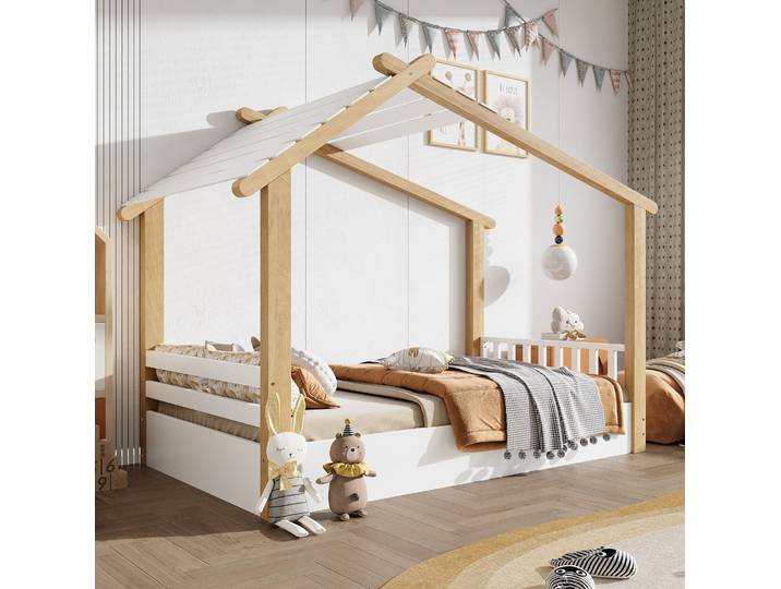 Lit Cabane Enfant 90x200 Bois Blanc Et Naturel Havrya
