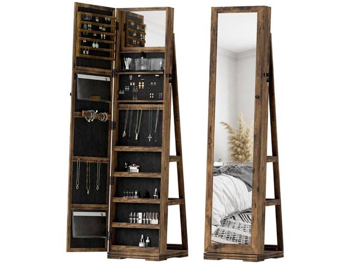 Armoire à Bijoux - HOMCOM - pivotante verrouillable boîte à bijoux avec miroir - 38x38x160cm - Brun Rustique