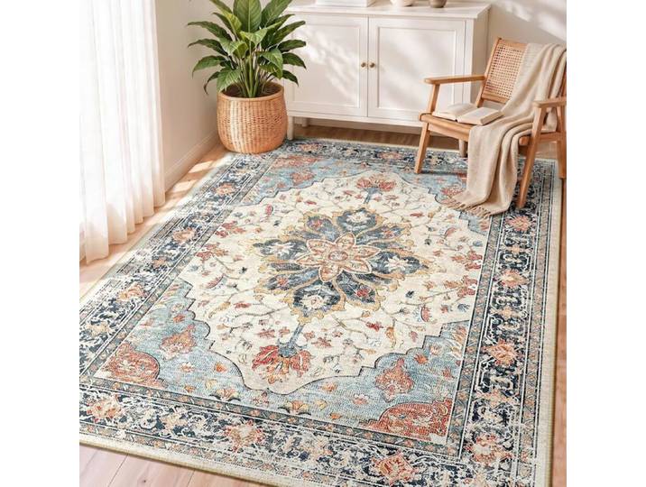Vintage Tapis de Salon 90x150cm Lavable Beige/Bleu/Orange