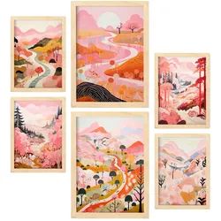 POSTER Set Mit 6 Rosa Karikatur Tal A3 & A4 Rahmen Aus Hellem Holz