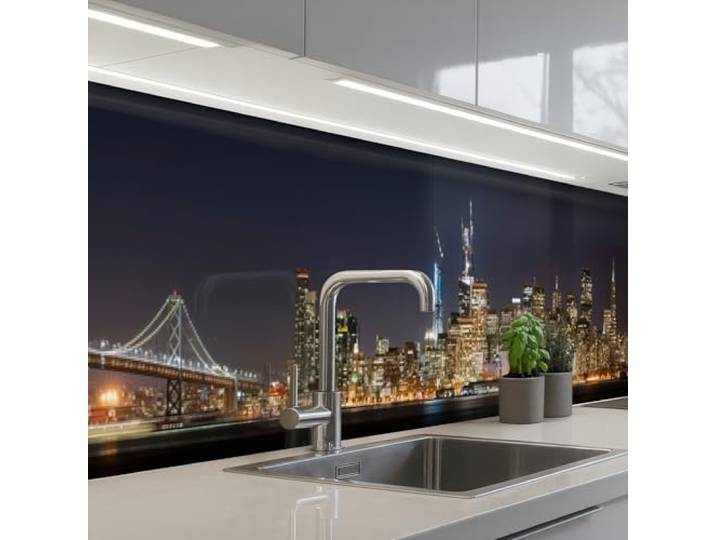 KitchenYeah© Spritzschutz Küche Küchen Rückwand Küchendeko Wand Wandschutz 60x500 cm - Selbstklebend Backsplash Kitchen Peel And Stick Beleuchtung - Himmel - Wolkenkratzer - Skyline