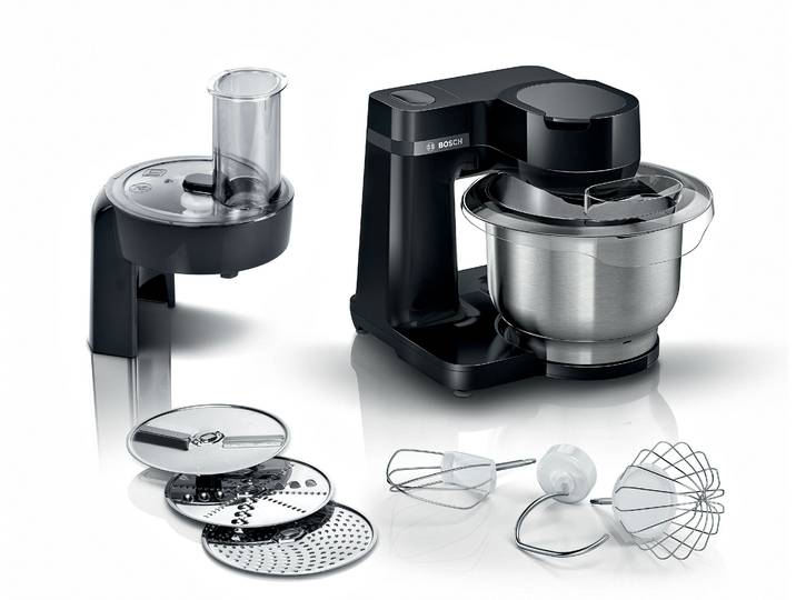 BOSCH Küchenmaschine MUMS2EB01 MUM Serie 2 , schwarz, B:26,6cm H:26,6cm T:27,7cm, Küchenmaschinen, Durchlaufschnitzler, 3 Reibescheiben, Patisserieset Edelstahl, Küchenmaschine