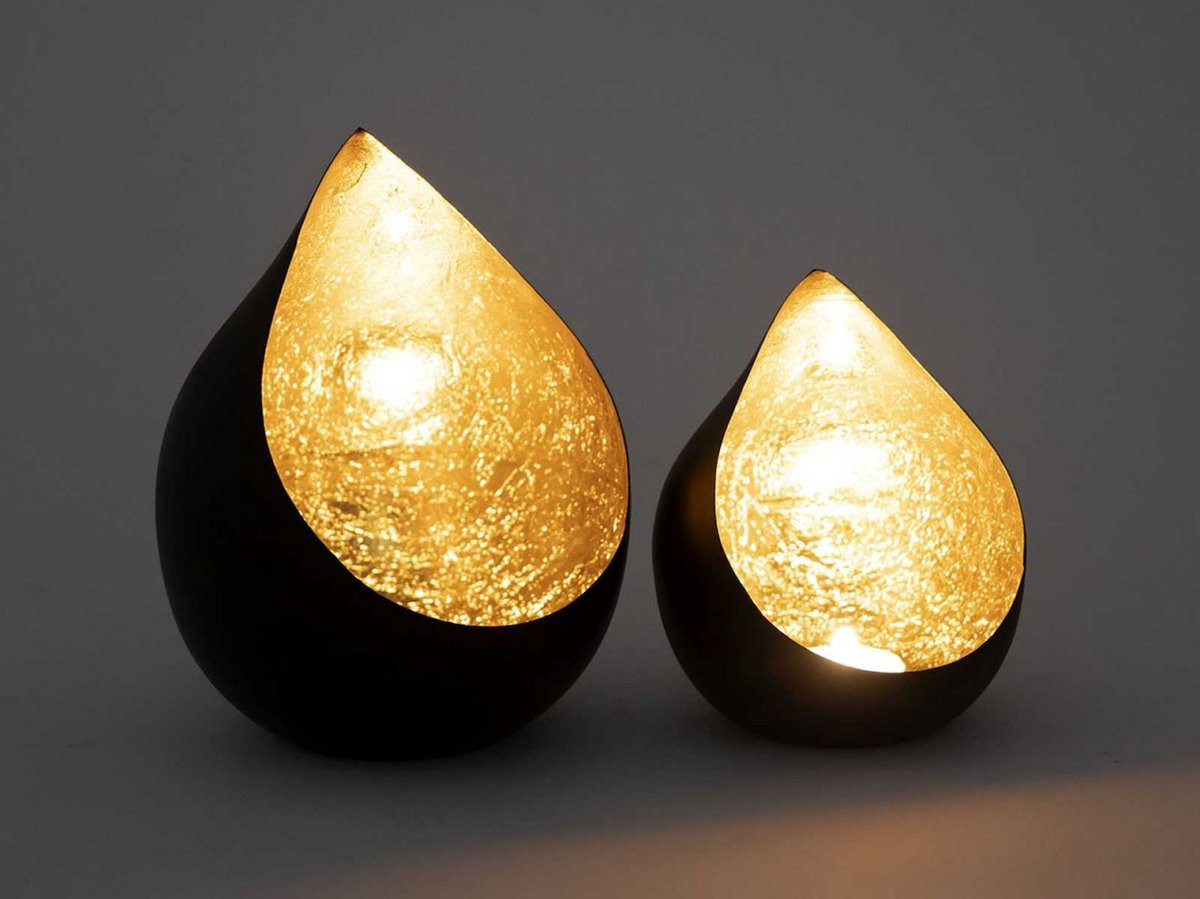 SVJ Home Decorations Handgemaakte Druppelvormige Windlichtset in Goud en Zwart voor Waxinelichten en Theelichthouders