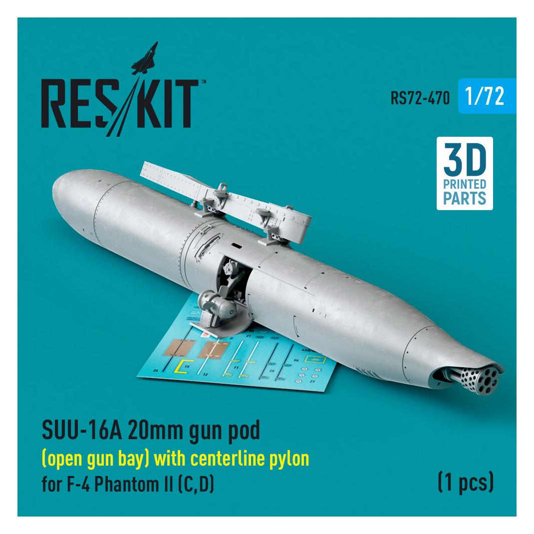 ResKit SUU-16A 20mm gun pod (open gun bay) with centerline pylon for F-4 Phantom II (C,D) (1 pcs) (3D Print (RS72-0470)