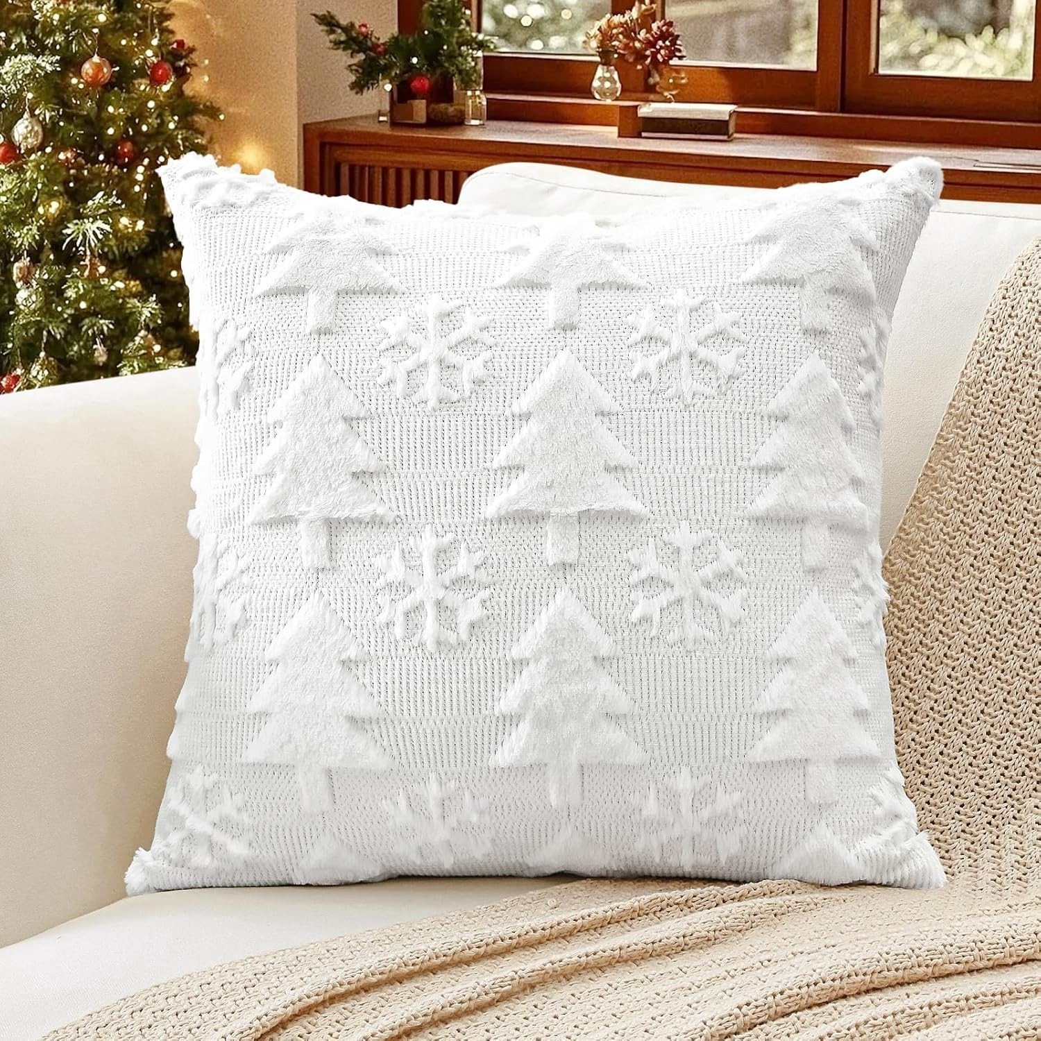 Zachte Pluche Wollen Kussensloop met Sneeuwvlokken voor Kerstdecoratie, 60 x 60 cm
