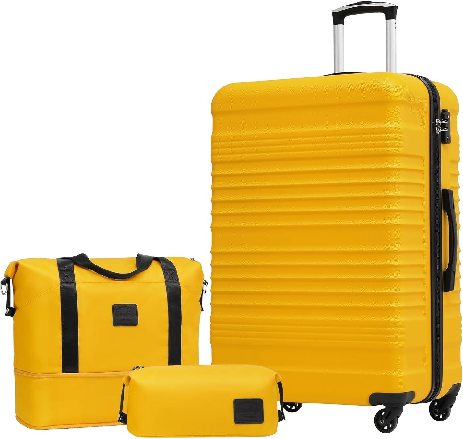 Koffer-Set, Trolley, Koffer, ABS, Hartschalenkoffer, Reisekoffer, 4 Rollen, TSA-Schloss, ausziehbarer Trolley, Der Koffer enthält eine Reisetasche und eine Toilettasche, Farbe: Gelb/Schwarz